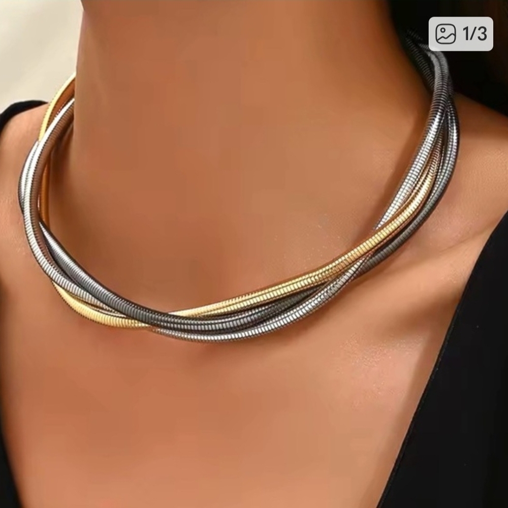 Tri Color Gold & Silver Grey Torsade 18" Choker Necklace w/extender